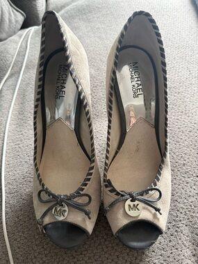 MICHAEL Michael Kors Taupe Suede Peep-Toe Flats with Bow and MK Charm